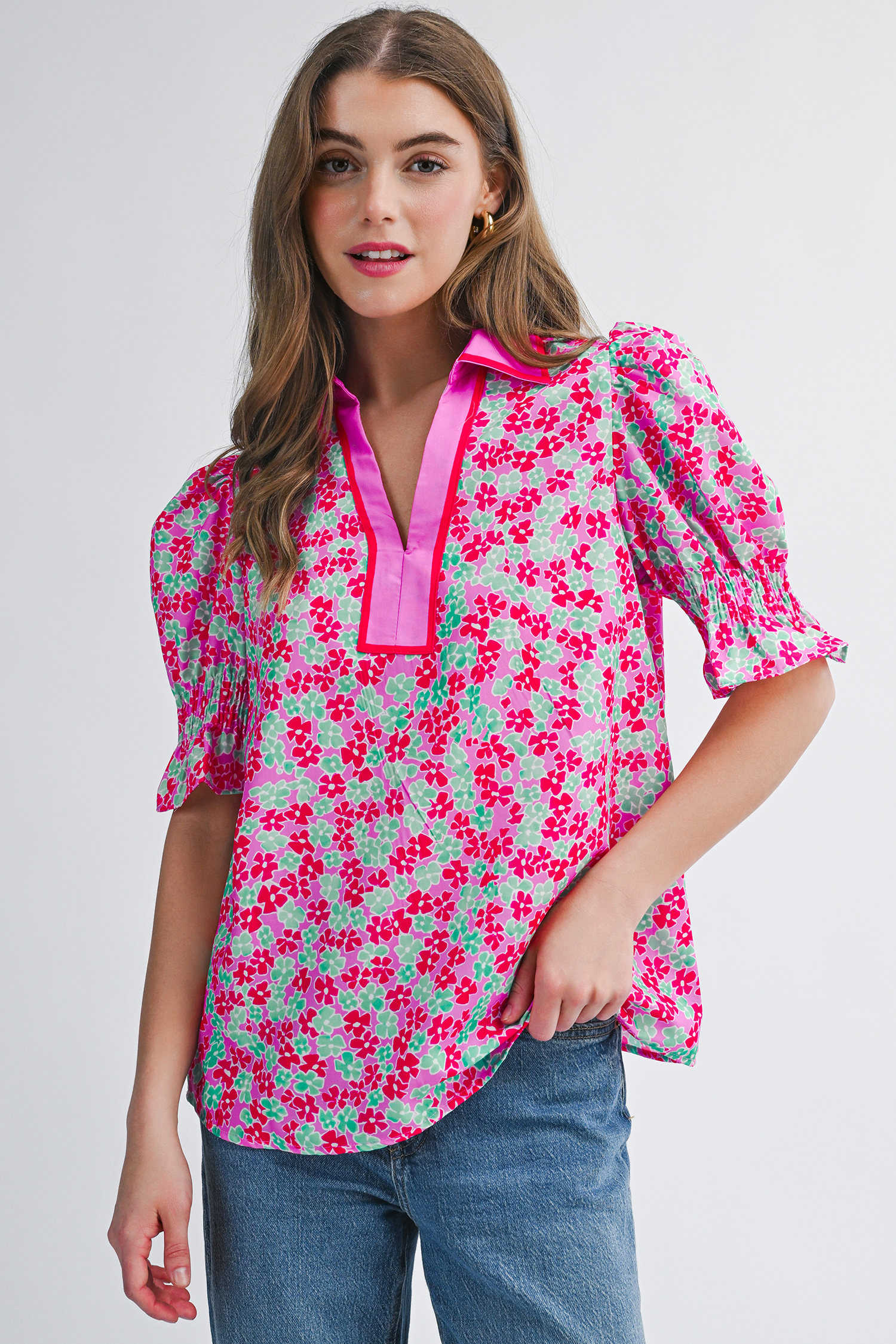 Rose Blooms Floral Collared V Neck Short Puff Sleeve Blouse Top