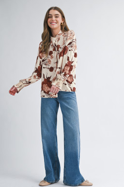 Brown Floral Print Button Down Poet Sleeve Shirt