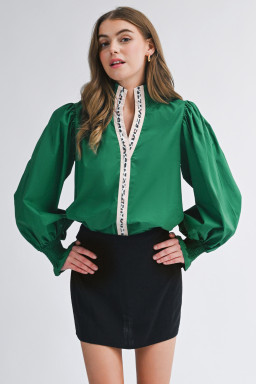 Evergreen Puffy Flounce Sleeve Leopard Trim V Neck Blouse