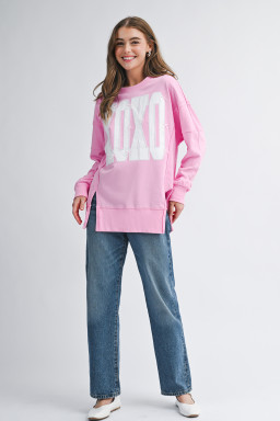 Pink Bow Sequin XOXO Letter Graphic Exposed Seam Baggy Sweatshirt