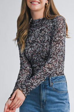 Black Ditsy Floral Mesh Thumbhole Sleeve Slim Fit Top