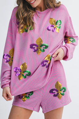 Phalaenopsis Mardi Gras Fleur de Lis Patched Corded Long Sleeve Top and Shorts