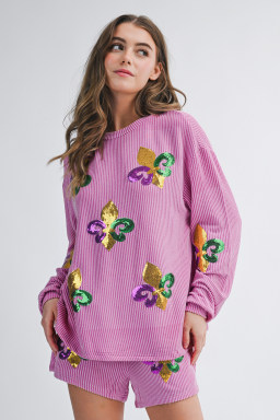 Phalaenopsis Mardi Gras Fleur de Lis Patched Corded Long Sleeve Top and Shorts