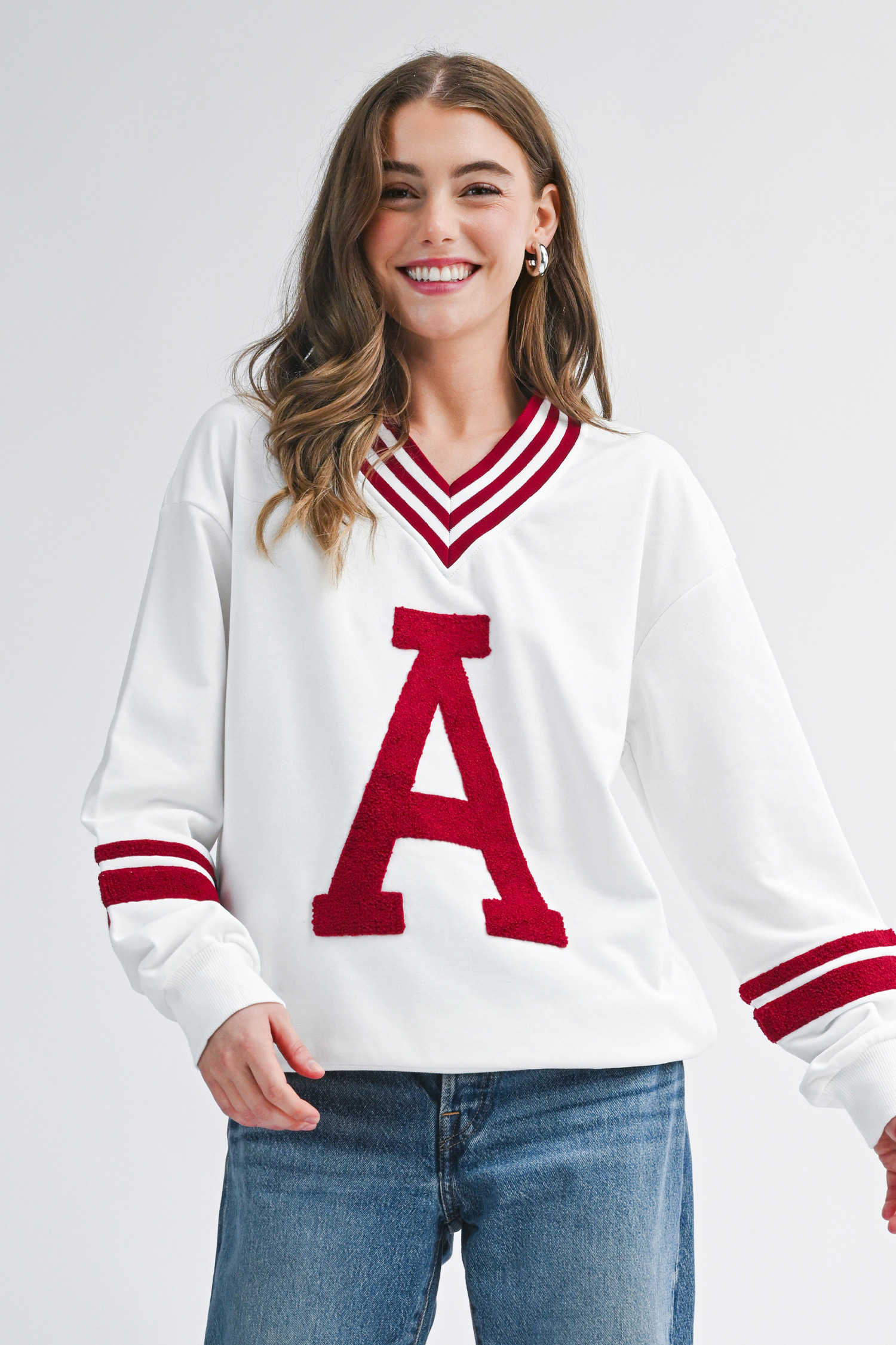 Red Dahlia Chenille Letter A Graphic Varsity Striped V Neck Puff Sleeve Sweatshirt