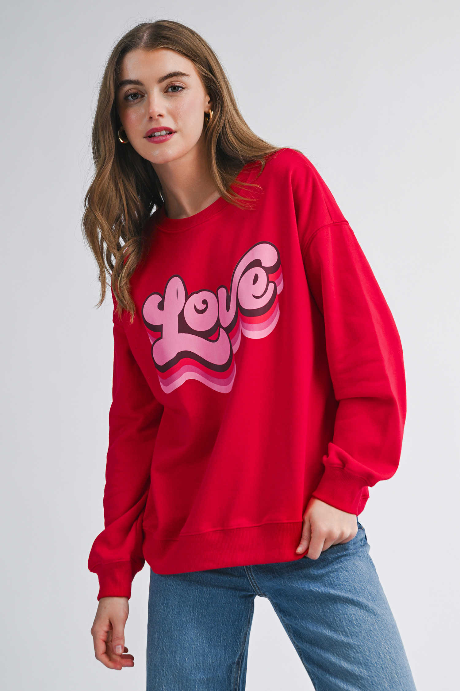 Red Love Printed Crewneck Valentines Pullover Sweatshirt