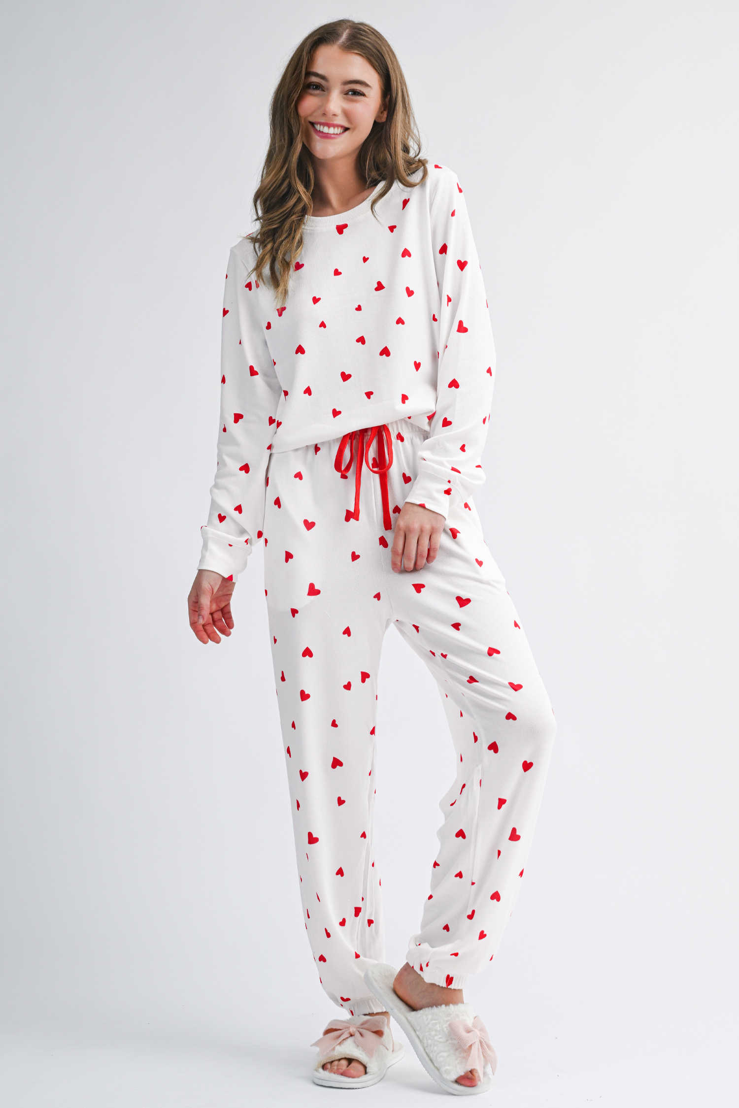 Fiery Red Tiny Hearts Printed Long Sleeve Top Drawstring Lounge Pant Set