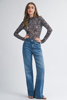 Black Ditsy Floral Mesh Thumbhole Sleeve Slim Fit Top