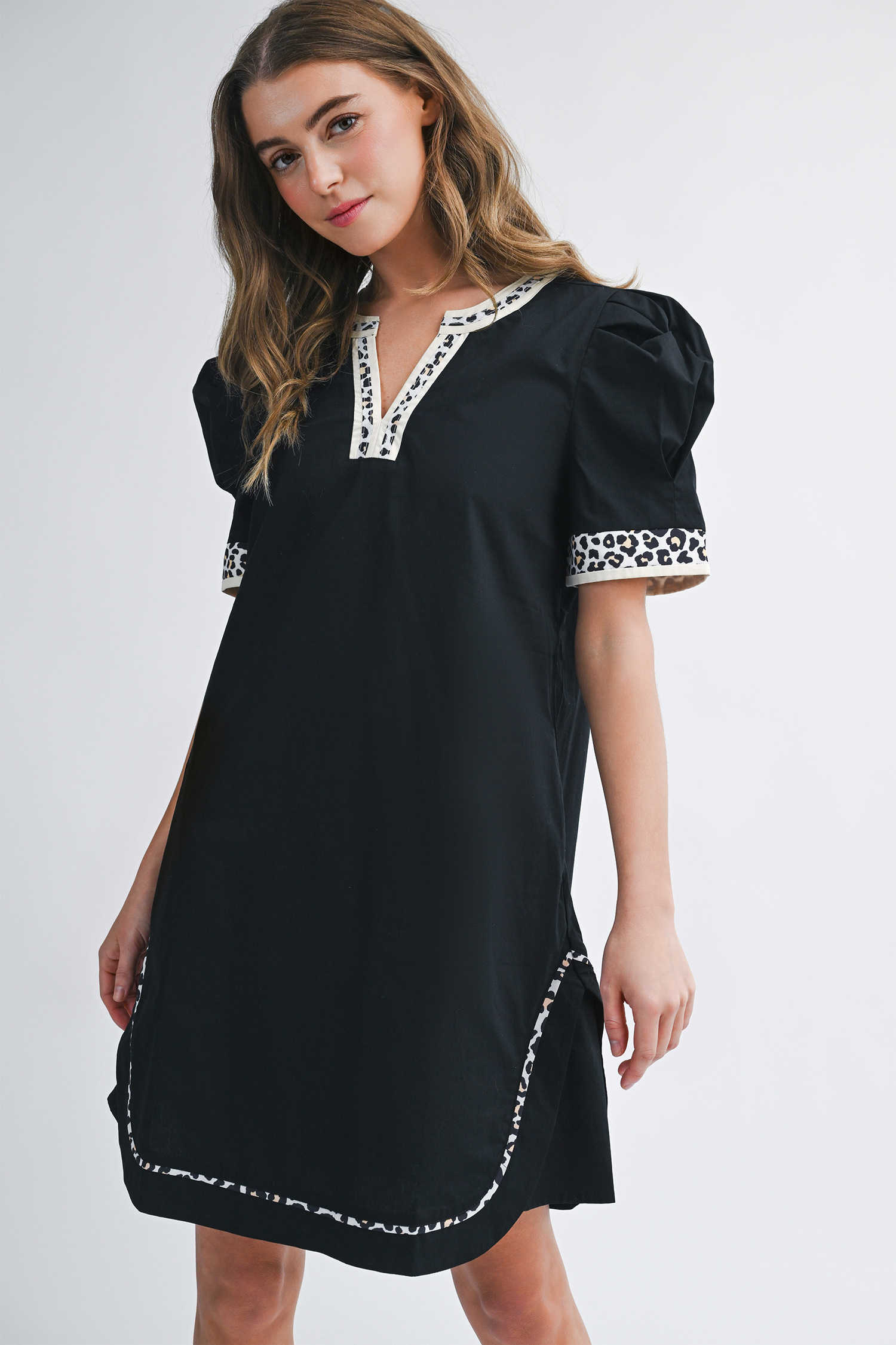 Black Leopard Trim Notched Neck Short Puff Sleeve Shift Mini Dress