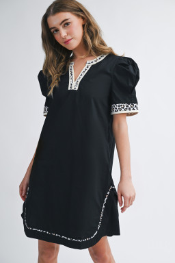 Black Leopard Trim Notched Neck Short Puff Sleeve Shift Mini Dress