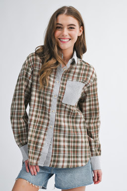 Brown Plaid Print Striped Patchwork Single Chest Pocket Buttoned Shirt