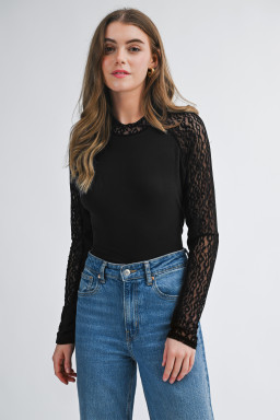 Black Leopard Mesh Patchwork Knit Long Sleeve Top