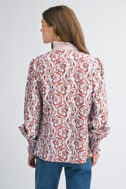 Floral Print Frilled Striped Trim Button Down Smocked Cuffs Long Sleeve Shirt