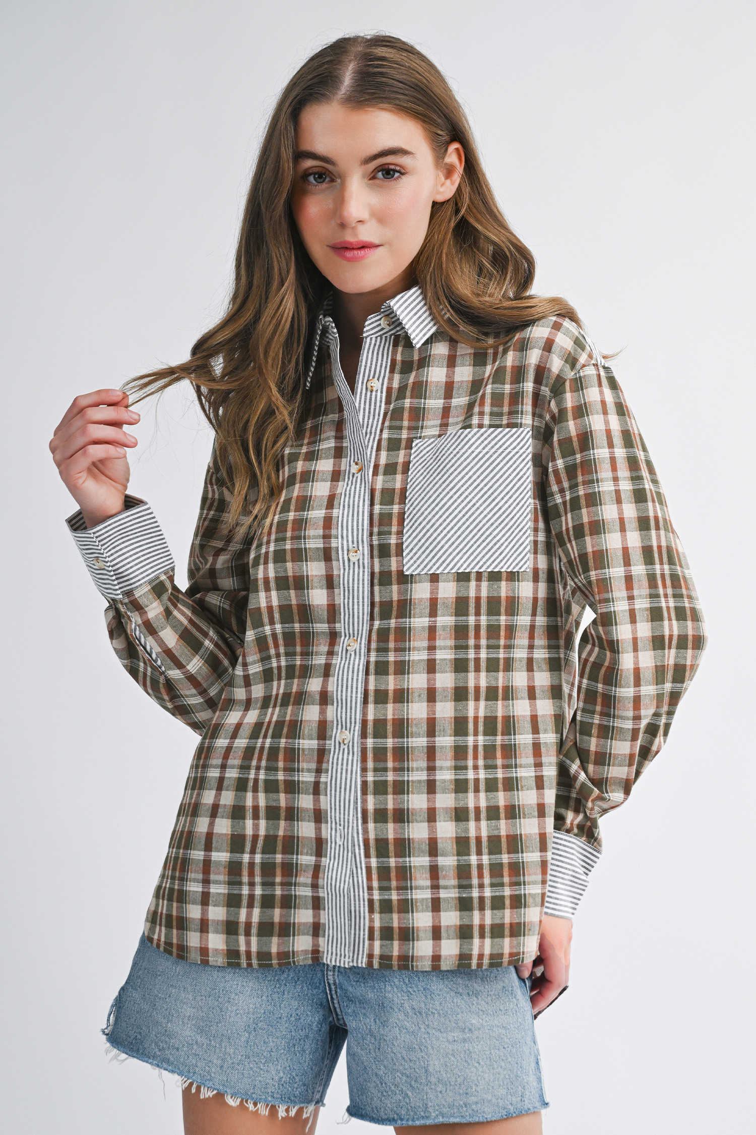 Brown Plaid Print Striped Patchwork Single Chest Pocket Buttoned Shirt