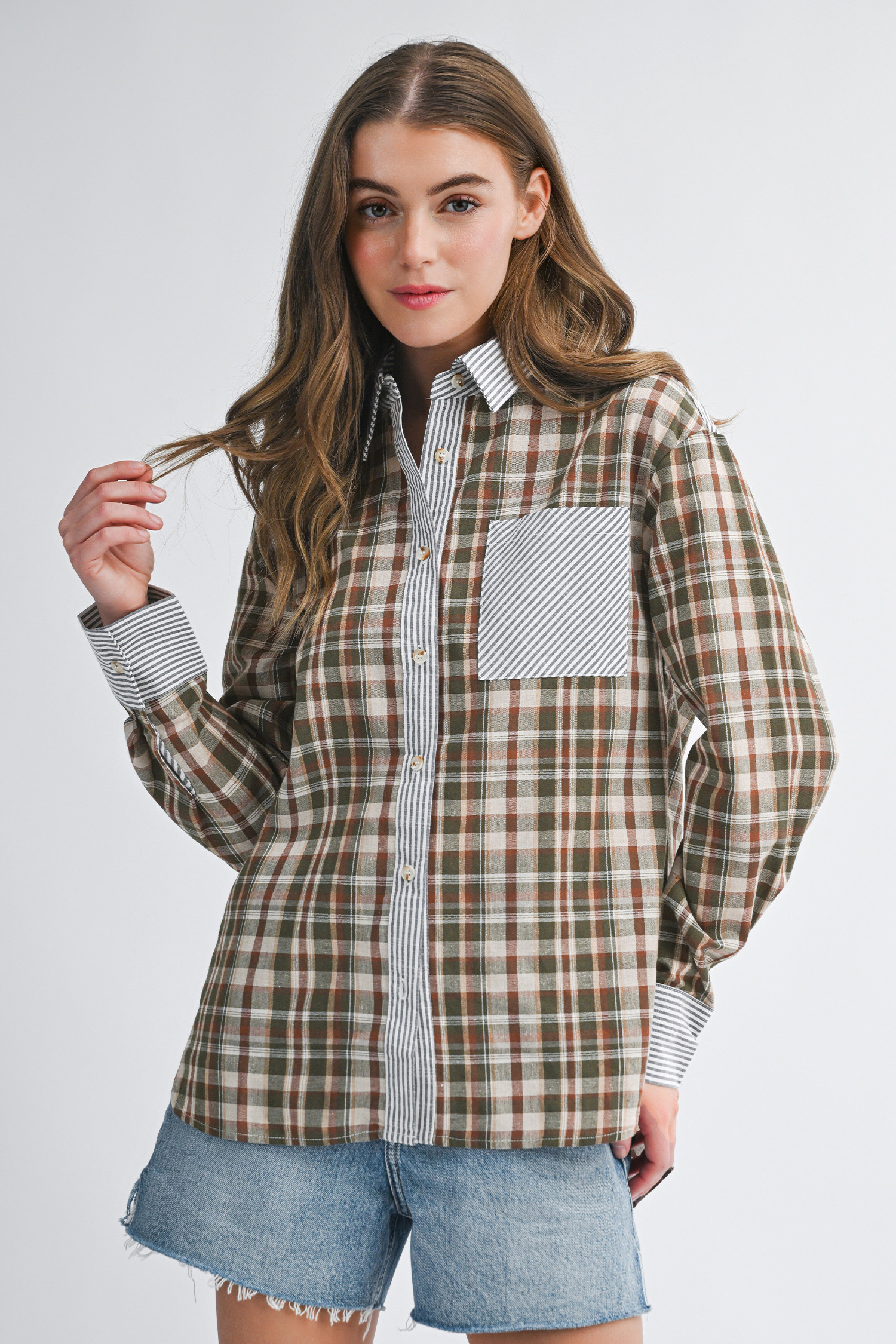 Brown Plaid Print Striped Patchwork Single Chest Pocket Buttoned Shirt