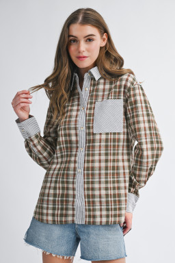 Brown Plaid Print Striped Patchwork Single Chest Pocket Buttoned Shirt