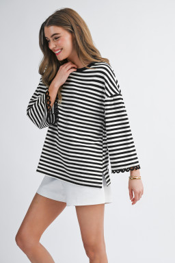 Black Striped Print Drop Shoulder Lace Trim Bracelet Sleeve Loose Top
