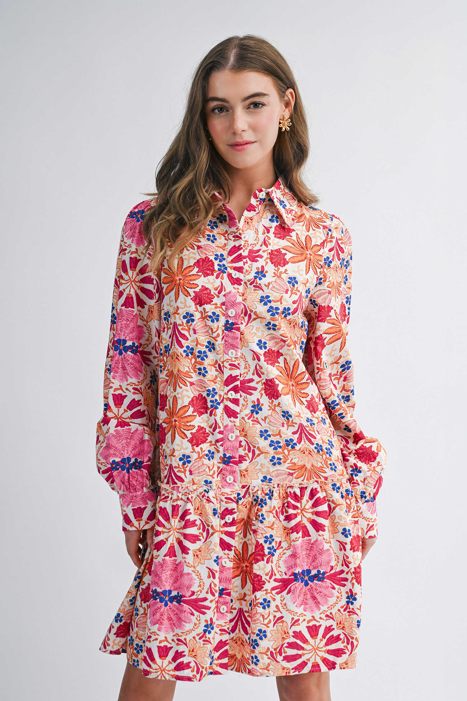 Red Fall Flower Print Long Sleeve Mini Dress