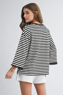 Black Striped Print Drop Shoulder Lace Trim Bracelet Sleeve Loose Top