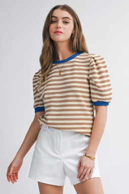 Brown Stripe Short Puff Sleeve Contrast Trim Round Neck Tee