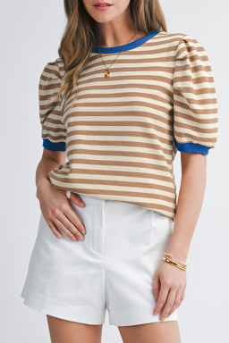 Brown Stripe Short Puff Sleeve Contrast Trim Round Neck Tee