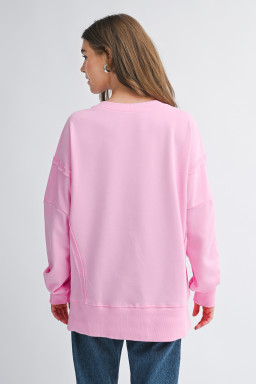 Pink Bow Sequin XOXO Letter Graphic Exposed Seam Baggy Sweatshirt