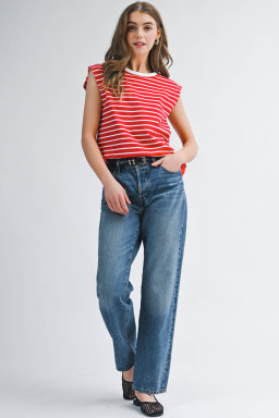 Red Stripe Ribbed Round Neck Trim Loose Tank Top