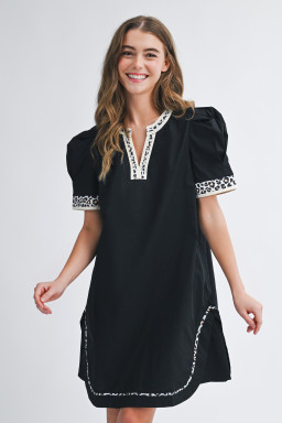Black Leopard Trim Notched Neck Short Puff Sleeve Shift Mini Dress