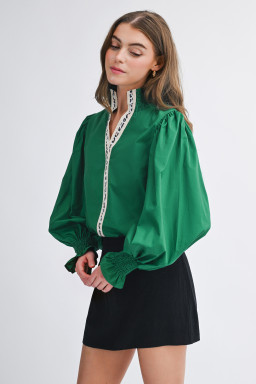 Evergreen Puffy Flounce Sleeve Leopard Trim V Neck Blouse
