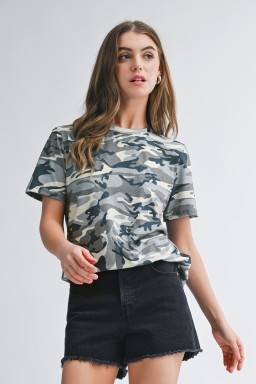 Green Camouflage Print Crew Neck T Shirt