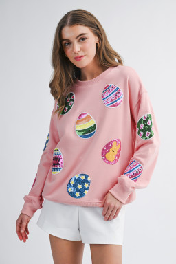 Pink Sequined Easter Egg Patched Pullover Sweatshirt