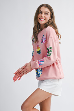 Pink Sequined Easter Egg Patched Pullover Sweatshirt