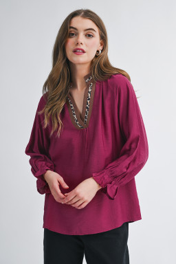 Violet Leopard Trim V Neck Flounced Bracelet Sleeve Blouse
