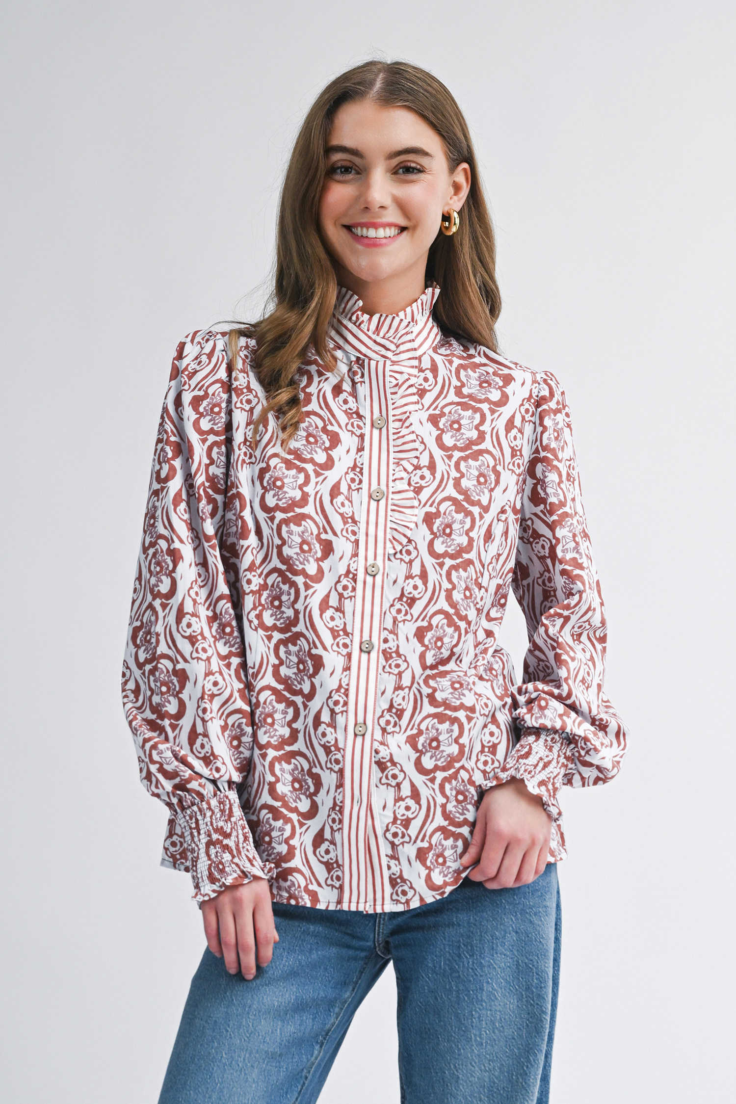 Floral Print Frilled Striped Trim Button Down Smocked Cuffs Long Sleeve Shirt