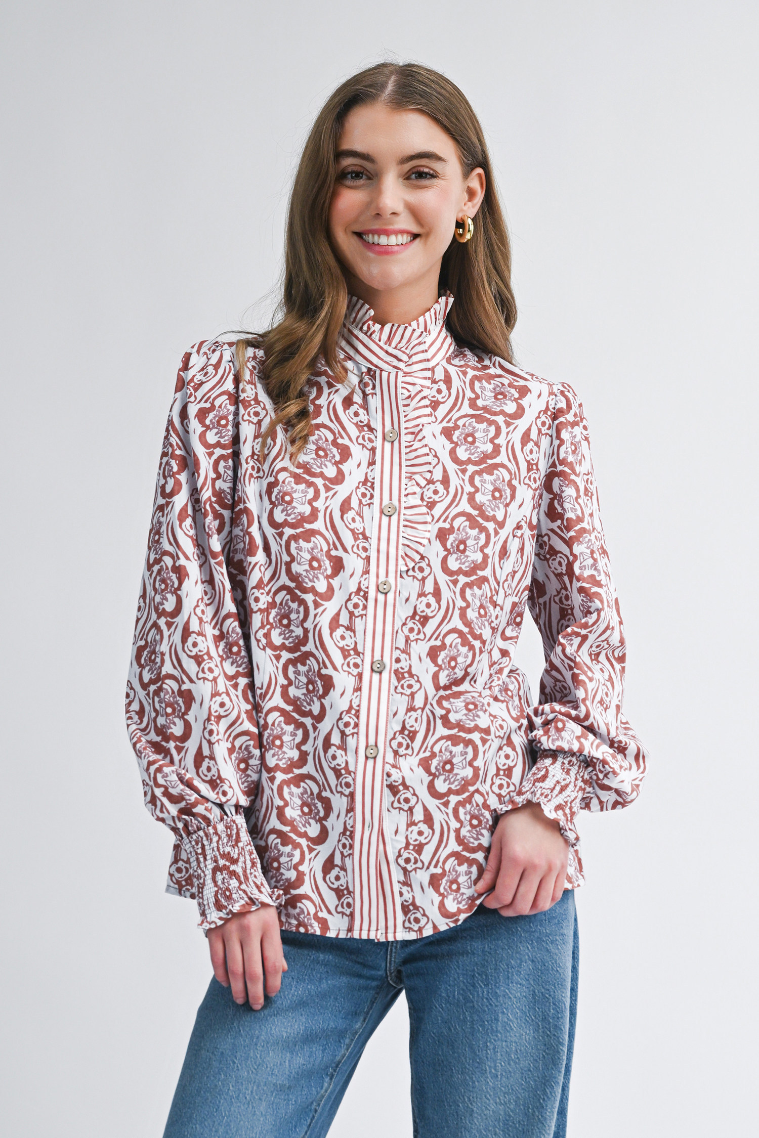 Floral Print Frilled Striped Trim Button Down Smocked Cuffs Long Sleeve Shirt