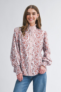 Floral Print Frilled Striped Trim Button Down Smocked Cuffs Long Sleeve Shirt