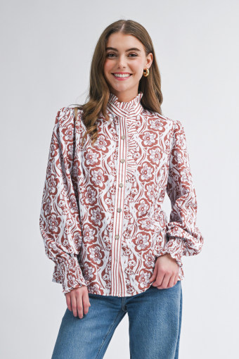 Floral Print Frilled Striped Trim Button Down Smocked Cuffs Long Sleeve Shirt