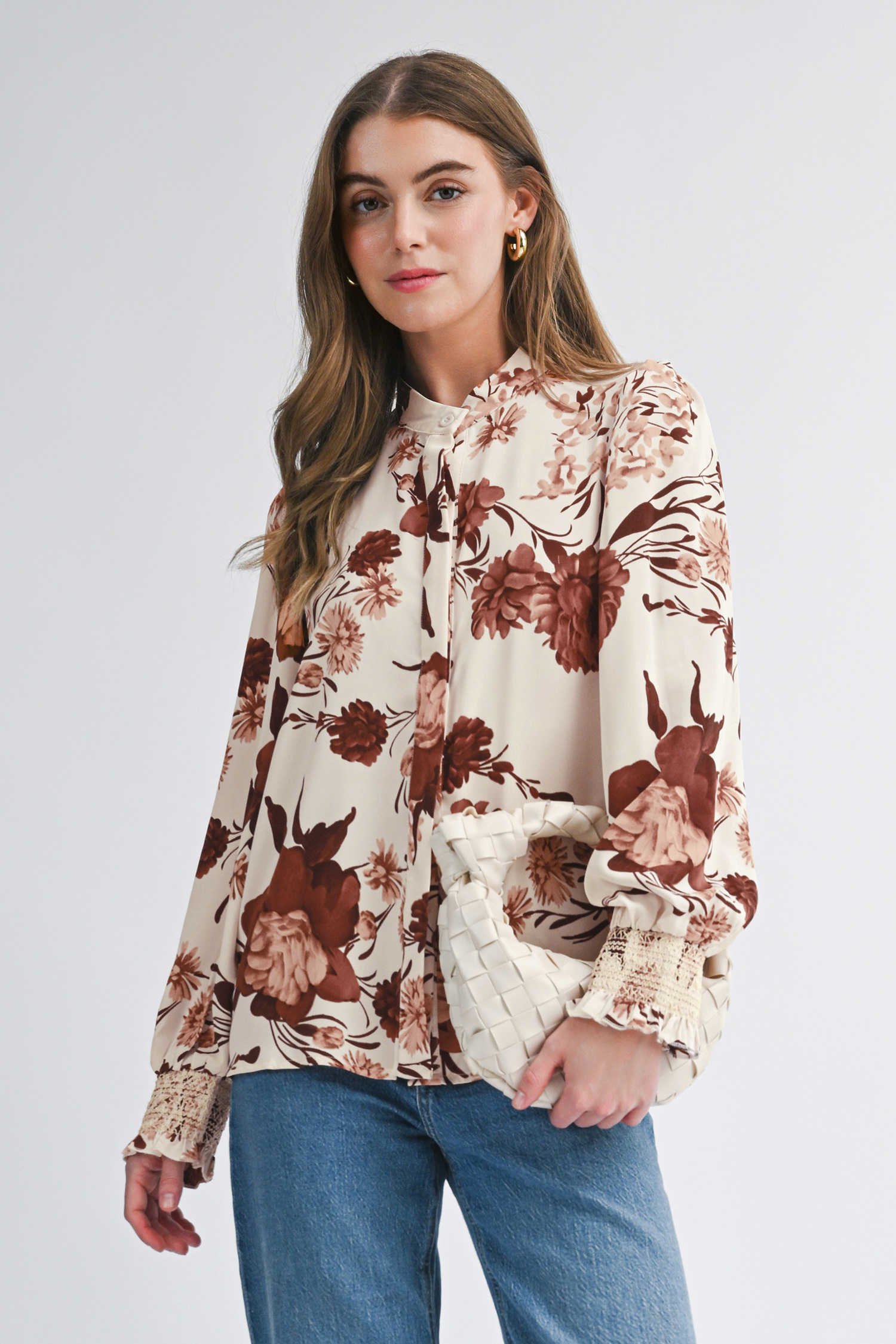 Brown Floral Print Button Down Poet Sleeve Shirt