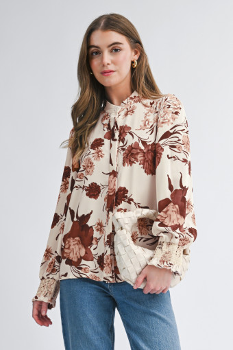 Brown Floral Print Button Down Poet Sleeve Shirt