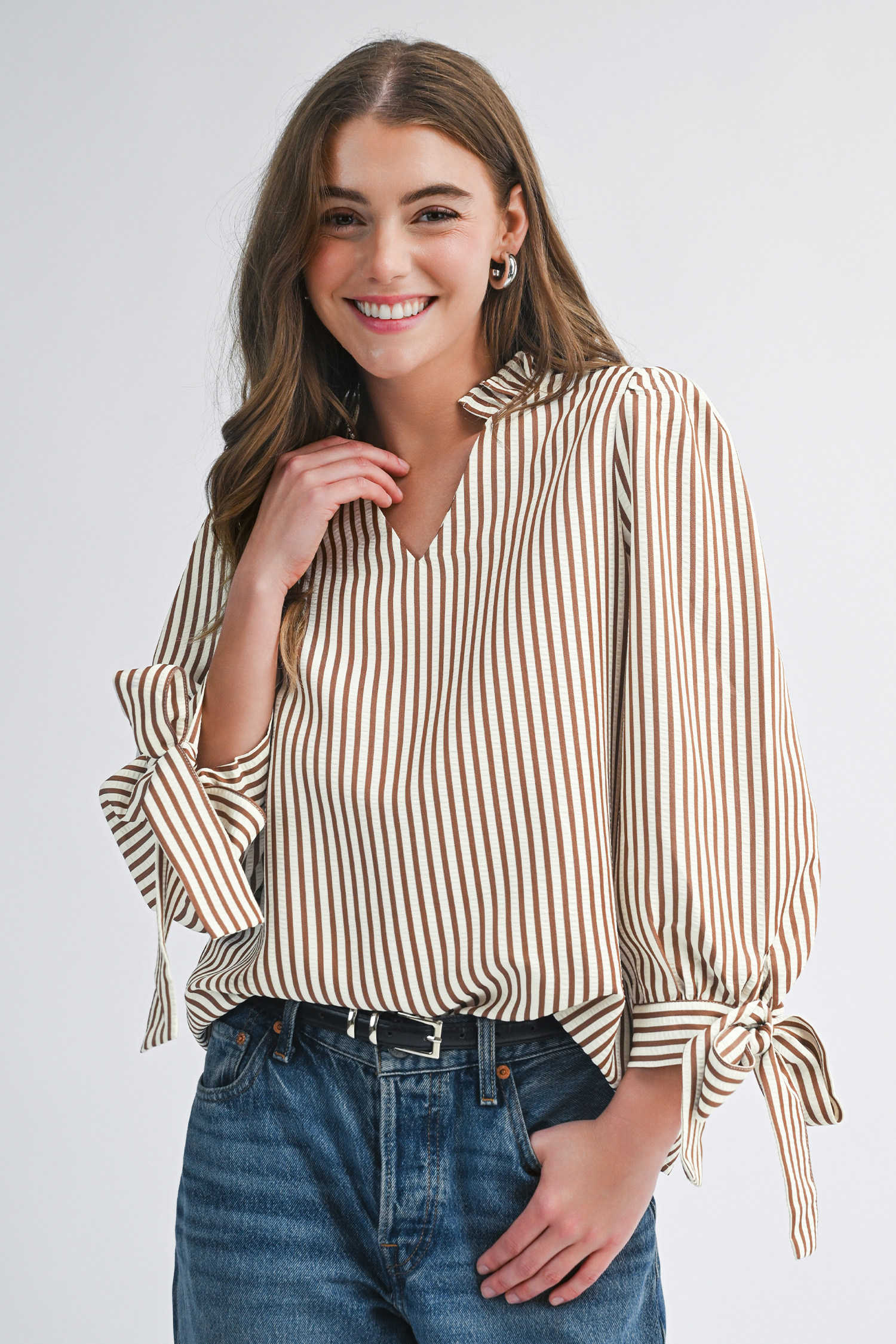 Straw Yellow Striped Print Tied Cuffs Split Neck Seersucker Blouse
