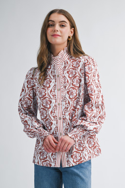 Floral Print Frilled Striped Trim Button Down Smocked Cuffs Long Sleeve Shirt