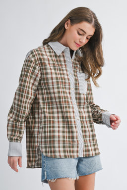 Brown Plaid Print Striped Patchwork Single Chest Pocket Buttoned Shirt