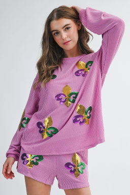 Phalaenopsis Mardi Gras Fleur de Lis Patched Corded Long Sleeve Top and Shorts