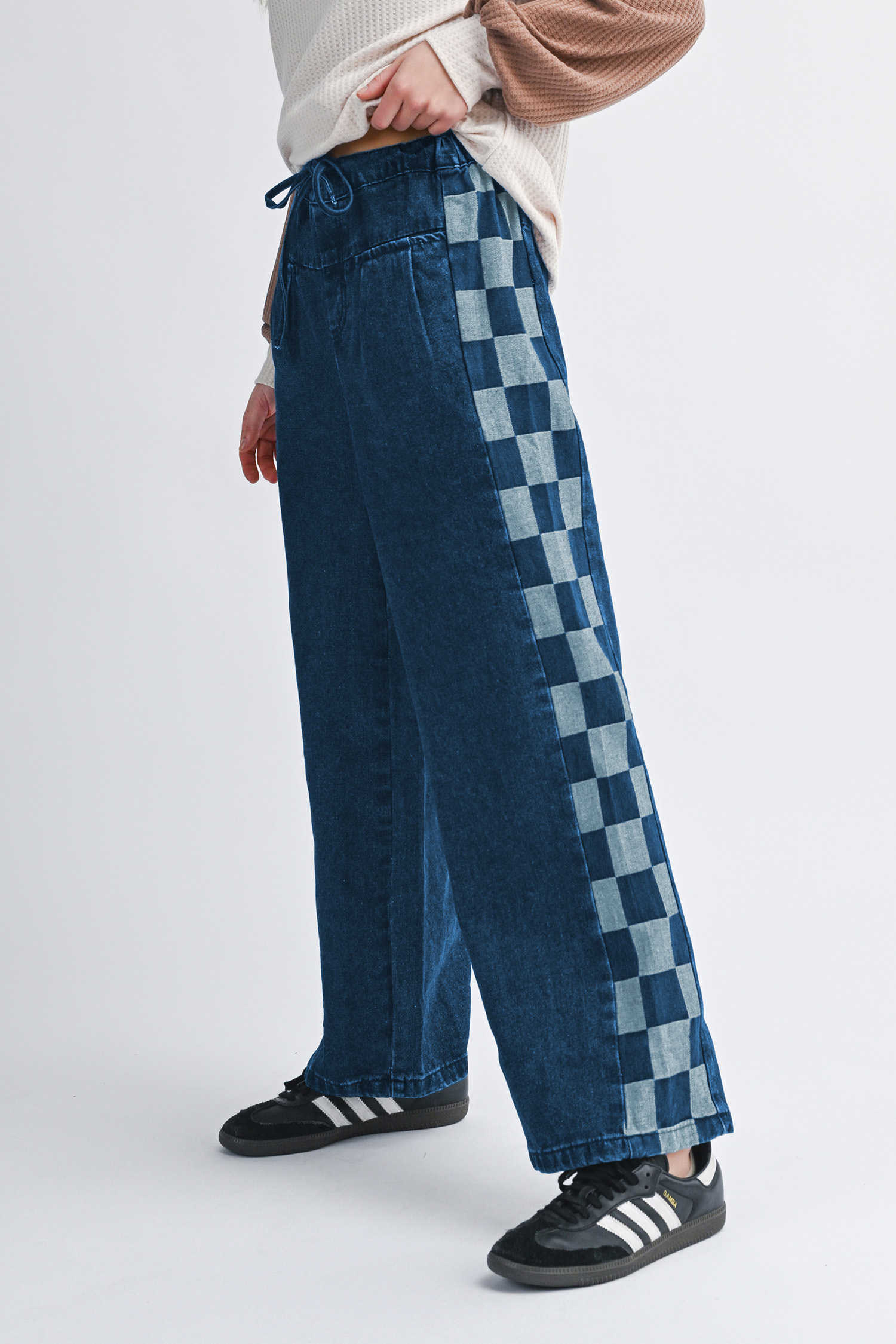 Sail Blue Checkered Side Panel Patchwork Drawstring Loose Denim Pants