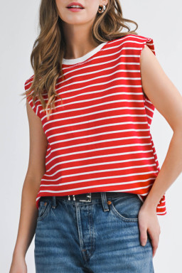 Red Stripe Ribbed Round Neck Trim Loose Tank Top