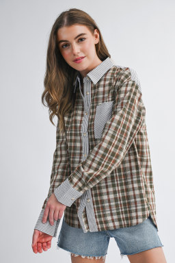Brown Plaid Print Striped Patchwork Single Chest Pocket Buttoned Shirt