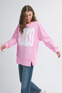 Pink Bow Sequin XOXO Letter Graphic Exposed Seam Baggy Sweatshirt