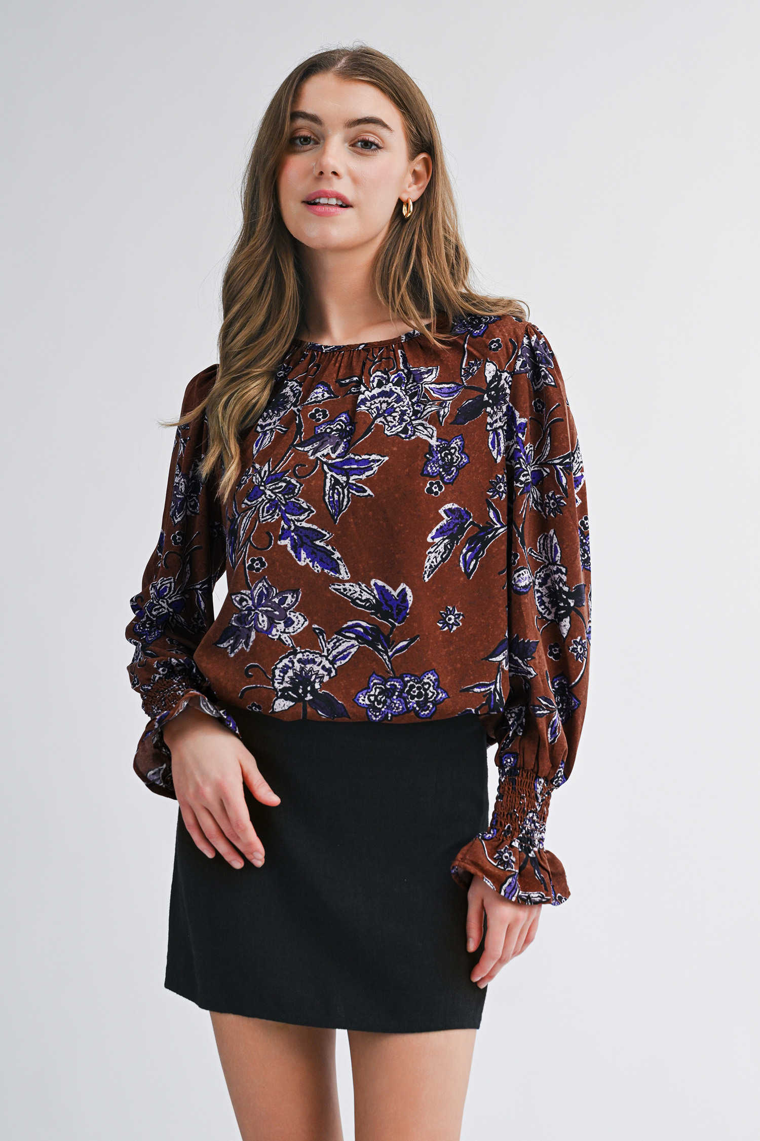 Brown Autumn Floral Print Smocked Cuffs Shift Blouse