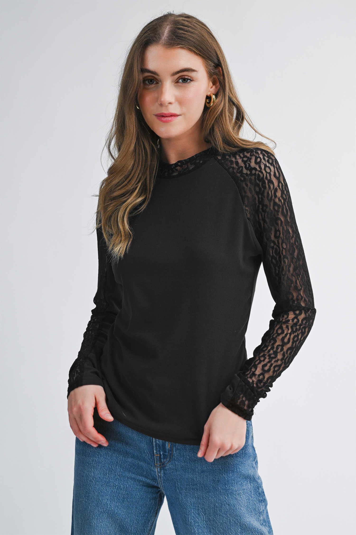 Black Leopard Mesh Patchwork Knit Long Sleeve Top