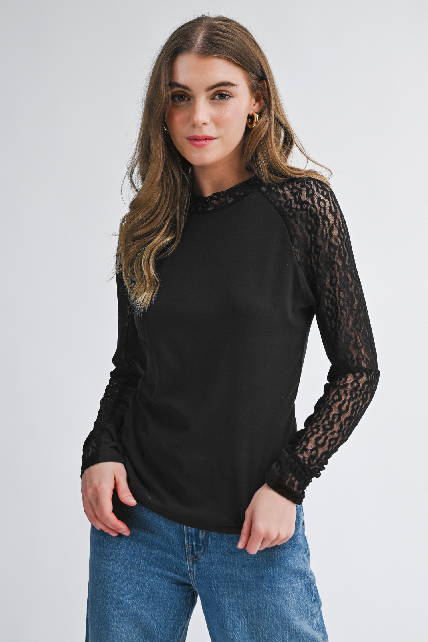 Black Leopard Mesh Patchwork Knit Long Sleeve Top