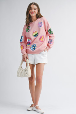 Pink Sequined Easter Egg Patched Pullover Sweatshirt